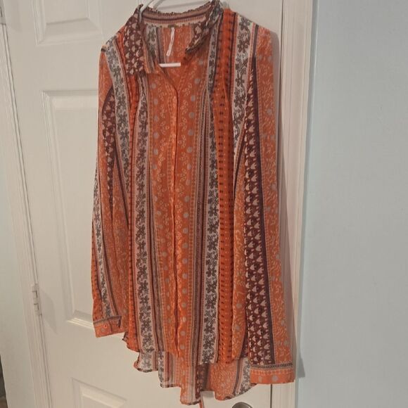 Free People Orange Long Sleeve Mandarin Collar Blouse - Picture 4 of 8